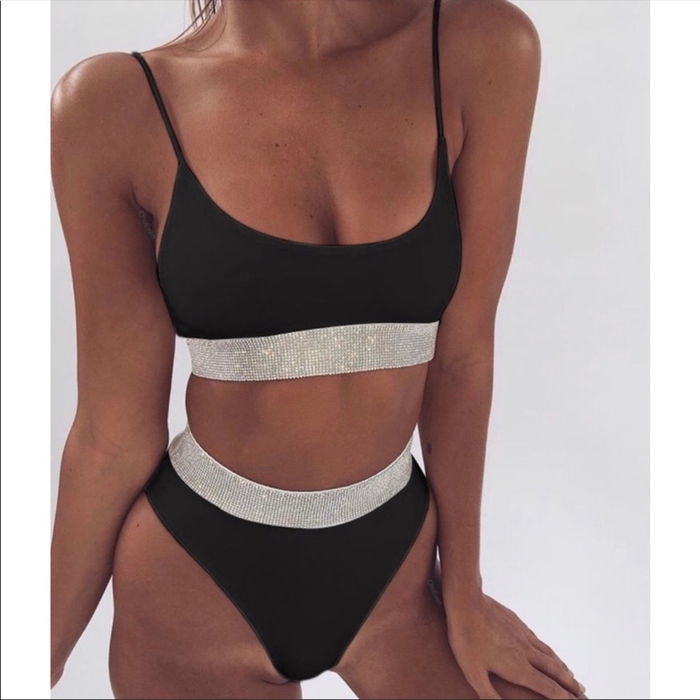 emma bling trim high waist swimsuits set black June sale